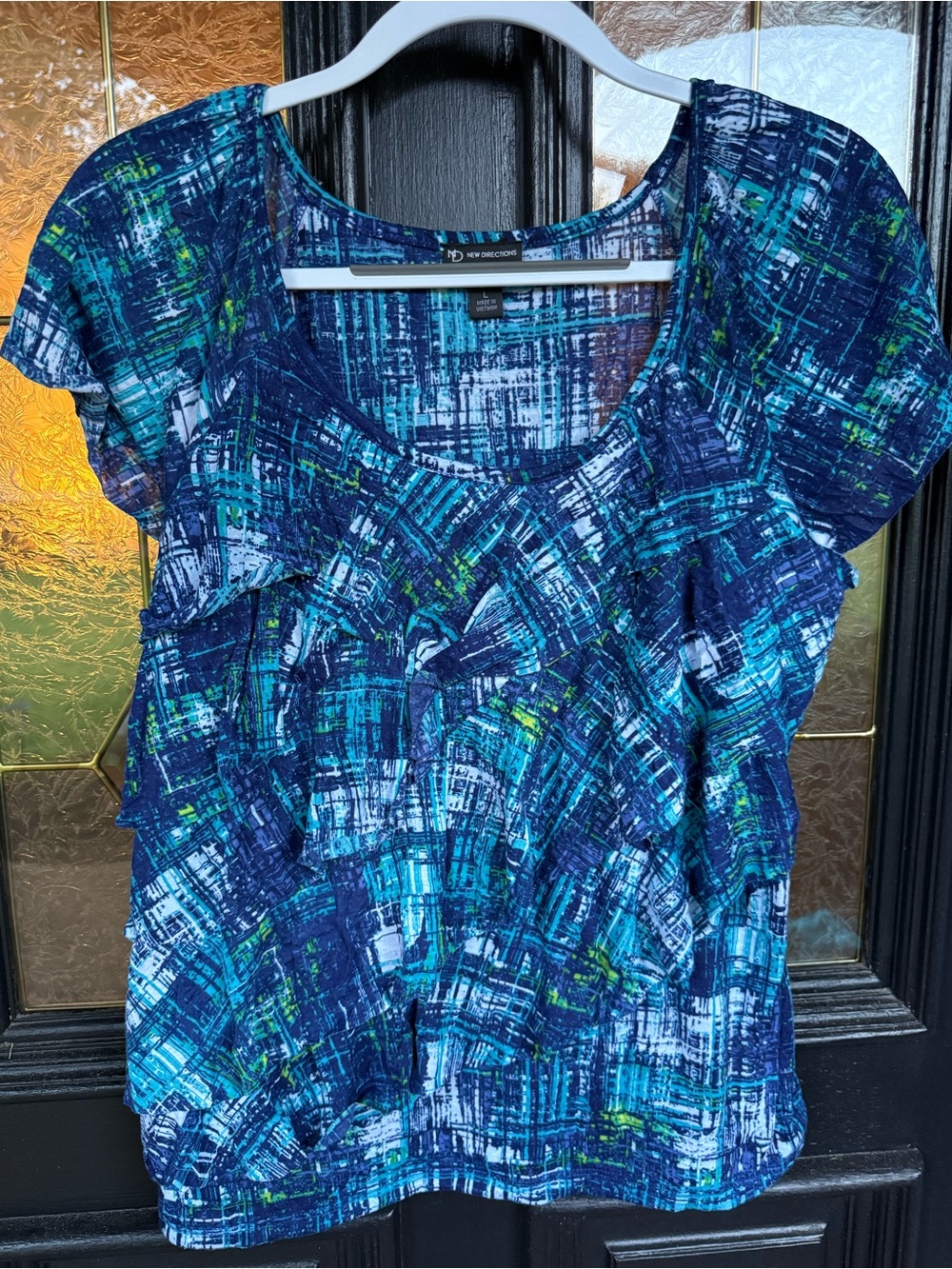 new directions Navy & Teal Abstract Scoop Neck Blouse - Size Large (EUC)